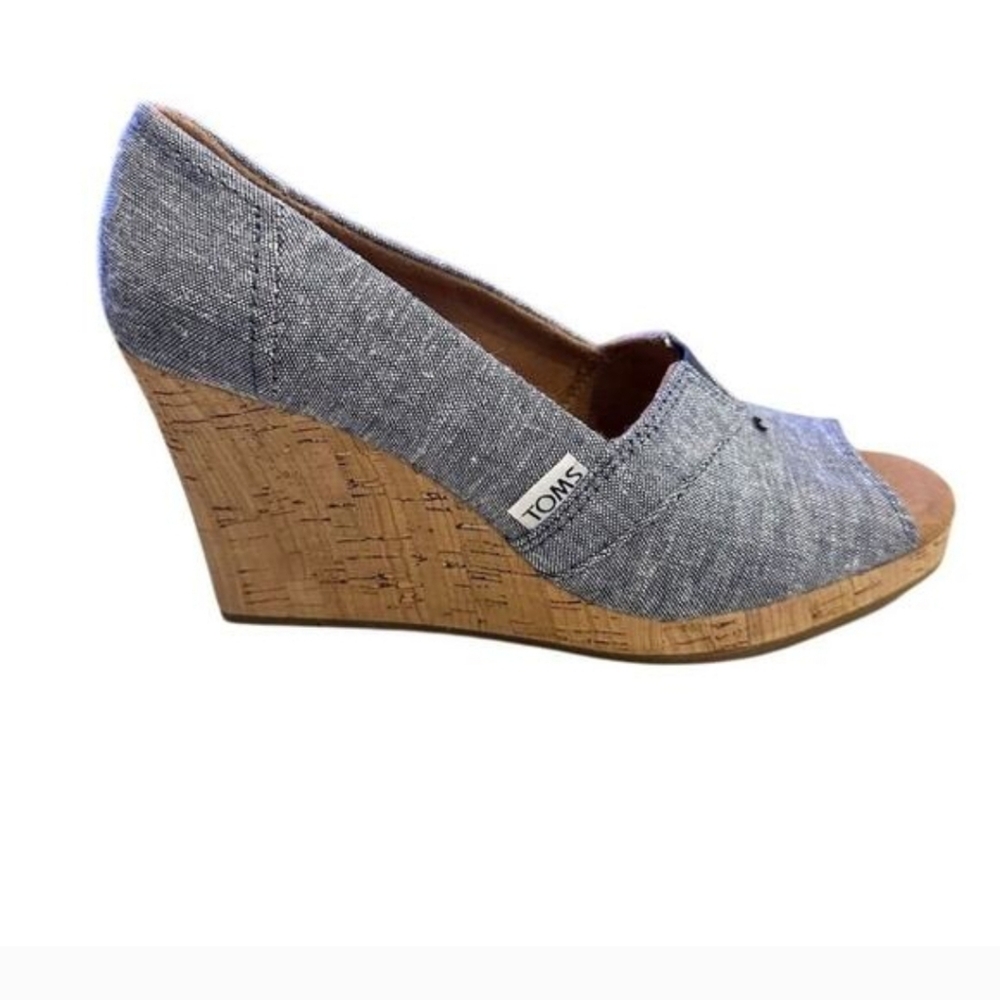 NIB Toms Blue Chambray Open-Toe Wedge Sandals NiB Sze 9.5 - Picture 8 of 9